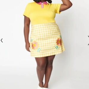 Smack Parlor X Smiley Bright Yellow & Pink Gingham Embroidered Floral Dress NWT